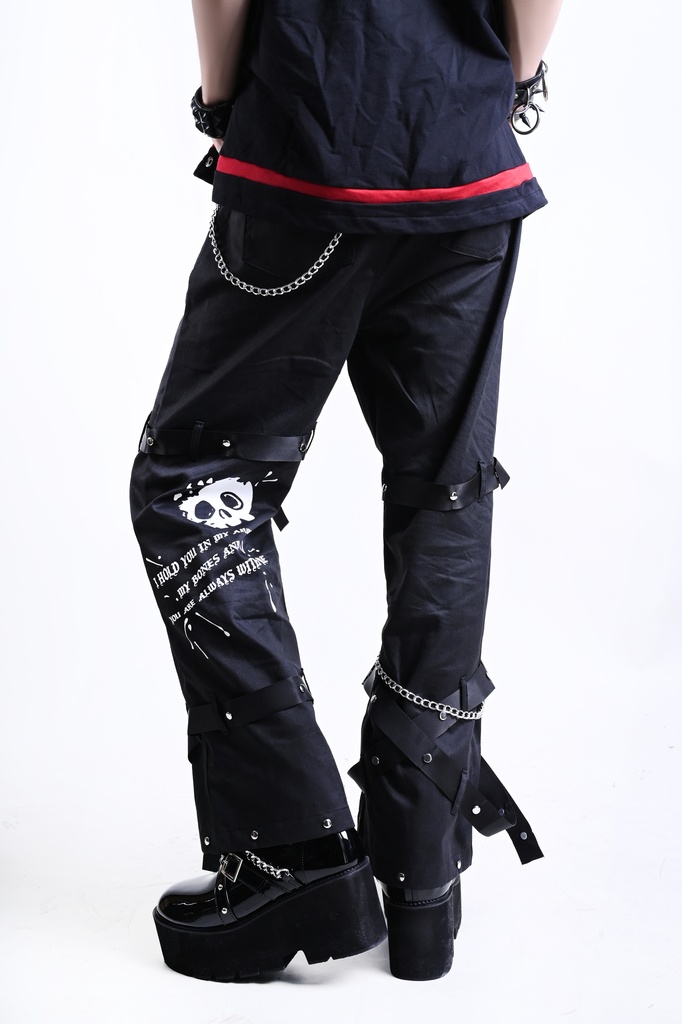 Jillpunkパンクロック 審判の日 ダーク系 ヘヴィメタル バンギャ タータンチェック ストラップ 鎖チェーン付き ボンデージ・ボンデッジパンツ ロング丈ズボン オリジナルスタイル メンズお兄系 レディーズ V系 おしゃれ男女兼用カッコいい