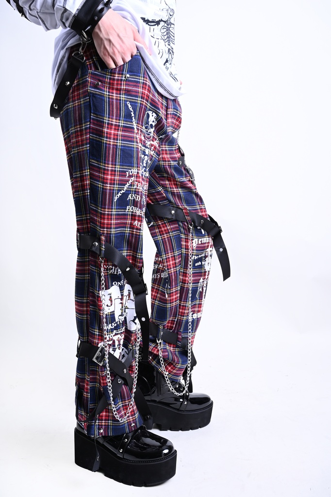 Jillpunkパンクロック 審判の日 ダーク系 ヘヴィメタル バンギャ タータンチェック ストラップ 鎖チェーン付き ボンデージ・ボンデッジパンツ ロング丈ズボン オリジナルスタイル メンズお兄系 レディーズ V系 おしゃれ男女兼用カッコいい