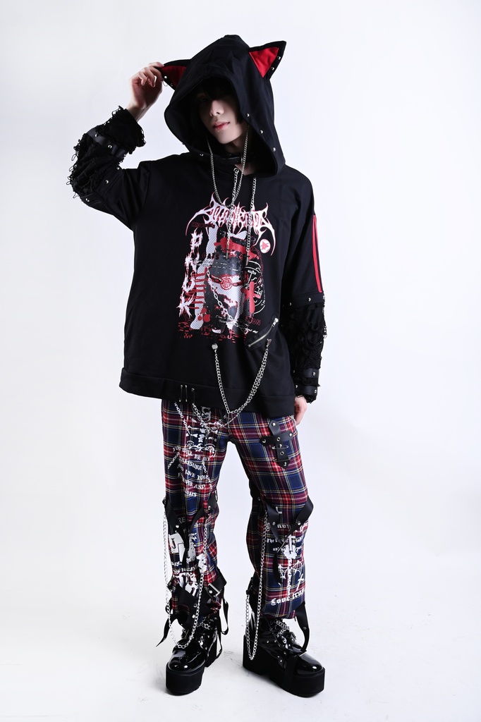 Jillpunkパンクロック 審判の日 ダーク系 ヘヴィメタル バンギャ タータンチェック ストラップ 鎖チェーン付き ボンデージ・ボンデッジパンツ ロング丈ズボン オリジナルスタイル メンズお兄系 レディーズ V系 おしゃれ男女兼用カッコいい
