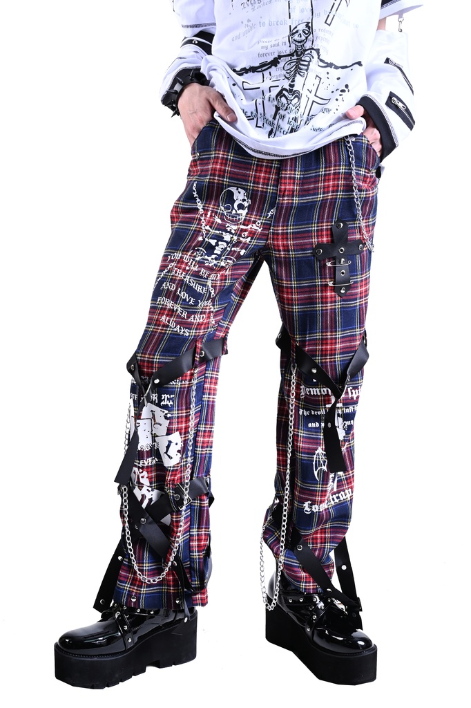 Jillpunkパンクロック 審判の日 ダーク系 ヘヴィメタル バンギャ タータンチェック ストラップ 鎖チェーン付き ボンデージ・ボンデッジパンツ ロング丈ズボン オリジナルスタイル メンズお兄系 レディーズ V系 おしゃれ男女兼用カッコいい