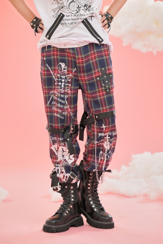 Jillpunkパンクロック 審判の日 ダーク系 ヘヴィメタル バンギャ タータンチェック ストラップ 鎖チェーン付き ボンデージ・ボンデッジパンツ ロング丈ズボン オリジナルスタイル メンズお兄系 レディーズ V系 おしゃれ男女兼用カッコいい