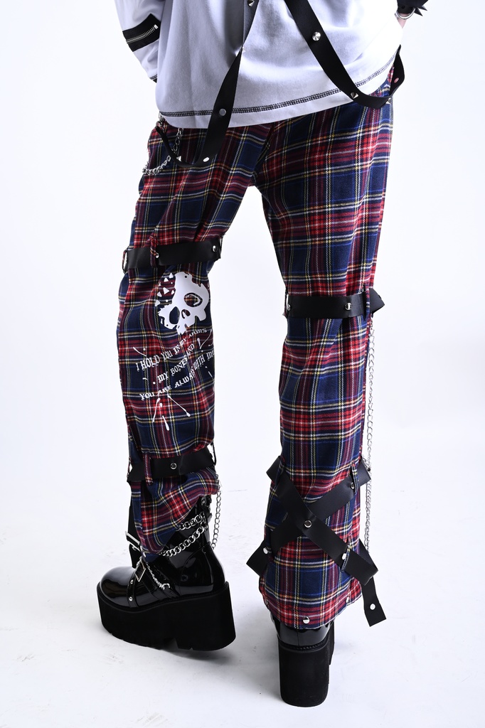 Jillpunkパンクロック 審判の日 ダーク系 ヘヴィメタル バンギャ タータンチェック ストラップ 鎖チェーン付き ボンデージ・ボンデッジパンツ ロング丈ズボン オリジナルスタイル メンズお兄系 レディーズ V系 おしゃれ男女兼用カッコいい