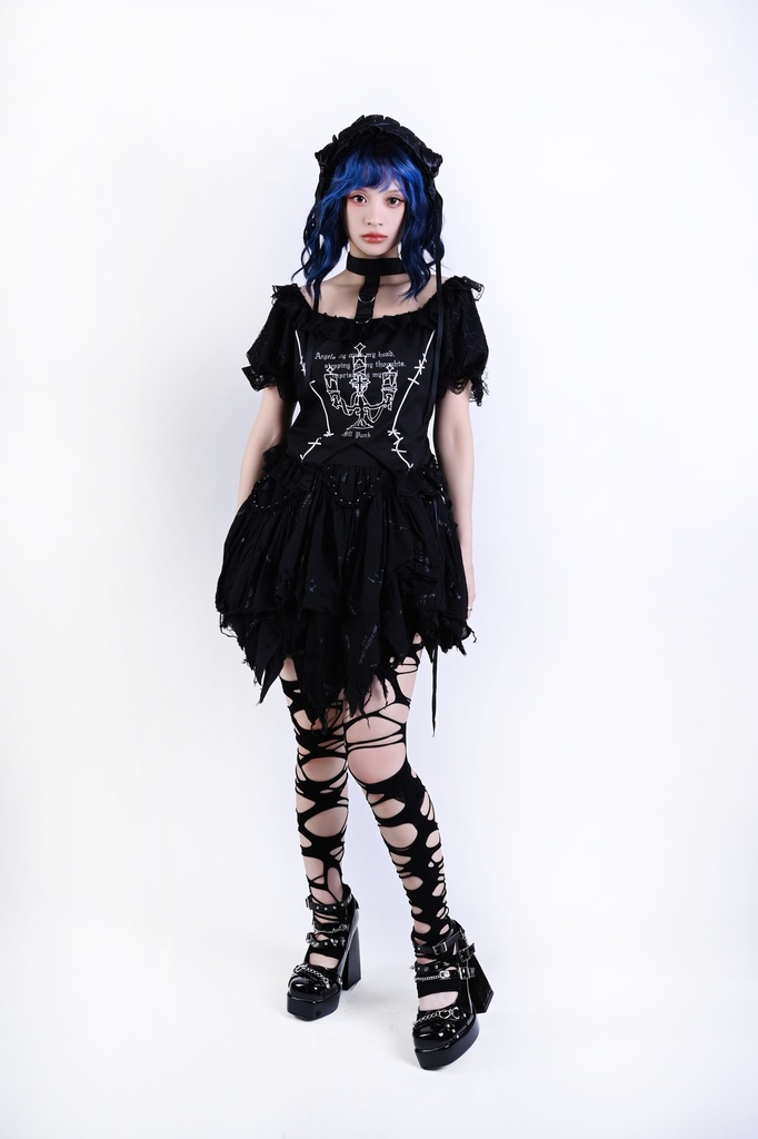 Jillpunk 派手ゴシック クール系 ダーク風 枝つき燭台 取り外し可能チョーカー付き フリルレースヘム ボートネック 半袖カットソー ブラウス ゴシックロリータ フェミニン おしゃれ ファッション オリジナル