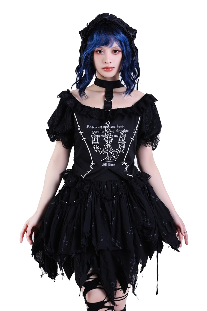 Jillpunk 派手ゴシック クール系 ダーク風 枝つき燭台 取り外し可能チョーカー付き フリルレースヘム ボートネック 半袖カットソー ブラウス ゴシックロリータ フェミニン おしゃれ ファッション オリジナル