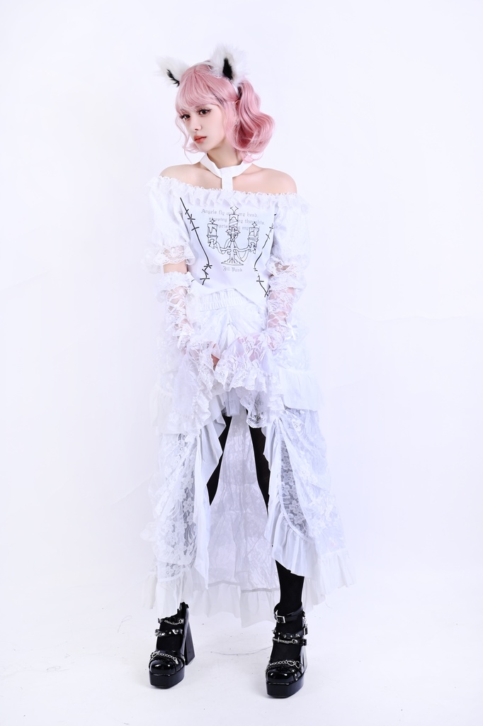 Jillpunk 派手ゴシック クール系 ダーク風 枝つき燭台 取り外し可能チョーカー付き フリルレースヘム ボートネック 半袖カットソー ブラウス ゴシックロリータ フェミニン おしゃれ ファッション オリジナル