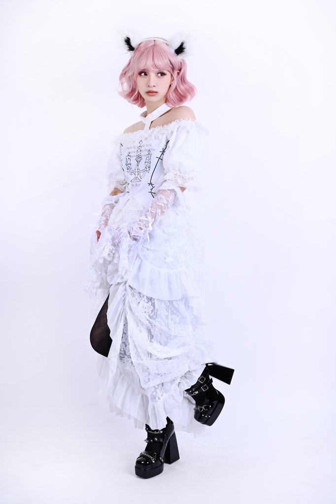 Jillpunk 派手ゴシック クール系 ダーク風 枝つき燭台 取り外し可能チョーカー付き フリルレースヘム ボートネック 半袖カットソー ブラウス ゴシックロリータ フェミニン おしゃれ ファッション オリジナル