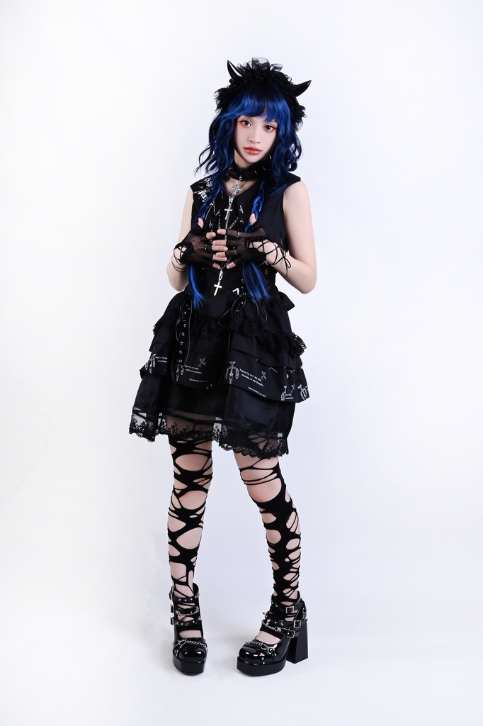 Jillpunkハロウィン 派手ゴシック クール系 ダーク風 枝つき燭台 コウモリ襟 コルセットピアス クロスチャーム 鎖チェーン付き フリルレース スリーブレス ベストドレス ワンピース ゴシックロリータ フェミニン おしゃれ ファッション オリジナル