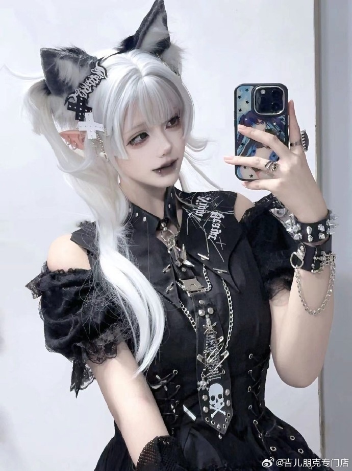 Jillpunkハロウィン 派手ゴシック クール系 ダーク風 枝つき燭台 コウモリ襟 コルセットピアス クロスチャーム 鎖チェーン付き フリルレース スリーブレス ベストドレス ワンピース ゴシックロリータ フェミニン おしゃれ ファッション オリジナル