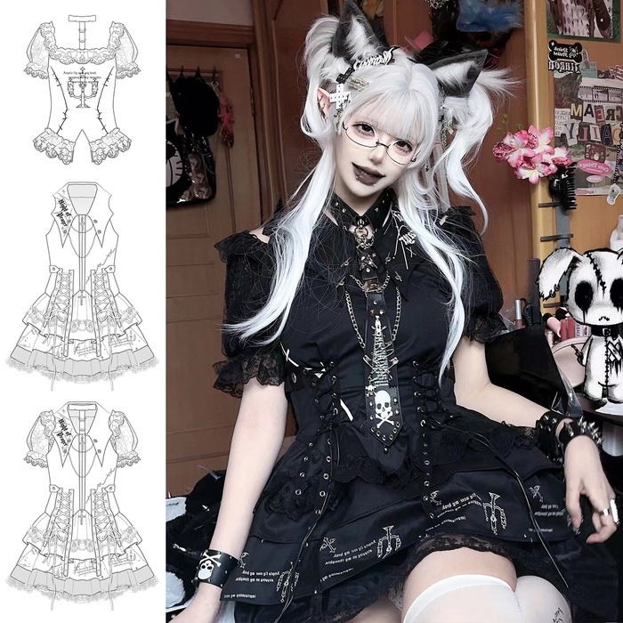 Jillpunkハロウィン 派手ゴシック クール系 ダーク風 枝つき燭台 コウモリ襟 コルセットピアス クロスチャーム 鎖チェーン付き フリルレース スリーブレス ベストドレス ワンピース ゴシックロリータ フェミニン おしゃれ ファッション オリジナル