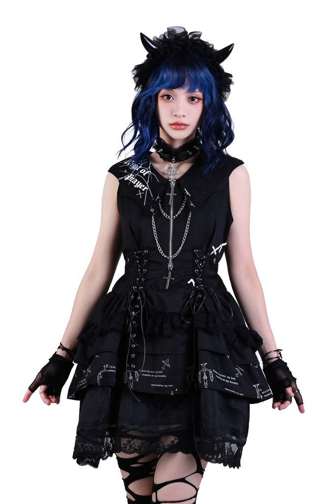 Jillpunkハロウィン 派手ゴシック クール系 ダーク風 枝つき燭台 コウモリ襟 コルセットピアス クロスチャーム 鎖チェーン付き フリルレース スリーブレス ベストドレス ワンピース ゴシックロリータ フェミニン おしゃれ ファッション オリジナル