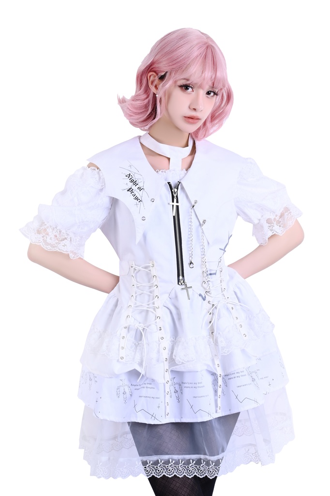 Jillpunkハロウィン 派手ゴシック クール系 ダーク風 枝つき燭台 コウモリ襟 コルセットピアス クロスチャーム 鎖チェーン付き フリルレース スリーブレス ベストドレス ワンピース ゴシックロリータ フェミニン おしゃれ ファッション オリジナル