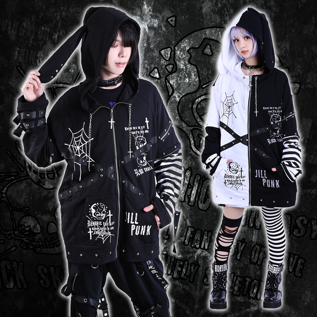Jillpunkハロウィン 可愛いパンク 禁断の果実 パンク ヴィジュアル系 クロスチャーム 鎖チェーン付き 蜘蛛の巣柄 ゆったり 取り外し可能な袖 兎耳 長袖パーカー フード付きジャケット オリジナル メンズ レディー V系 おしゃれ 男女兼用ファッション