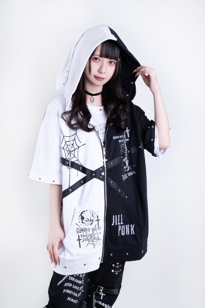 Jillpunkハロウィン 可愛いパンク 禁断の果実 パンク ヴィジュアル系 クロスチャーム 鎖チェーン付き 蜘蛛の巣柄 ゆったり 取り外し可能な袖 兎耳 長袖パーカー フード付きジャケット オリジナル メンズ レディー V系 おしゃれ 男女兼用ファッション