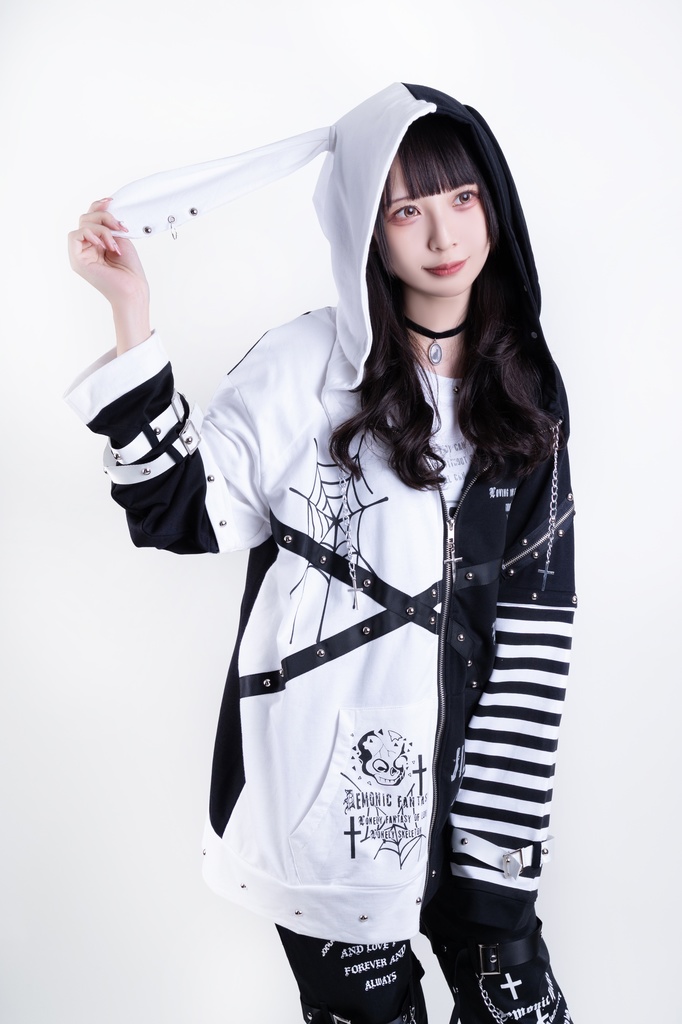 Jillpunkハロウィン 可愛いパンク 禁断の果実 パンク ヴィジュアル系 クロスチャーム 鎖チェーン付き 蜘蛛の巣柄 ゆったり 取り外し可能な袖 兎耳 長袖パーカー フード付きジャケット オリジナル メンズ レディー V系 おしゃれ 男女兼用ファッション