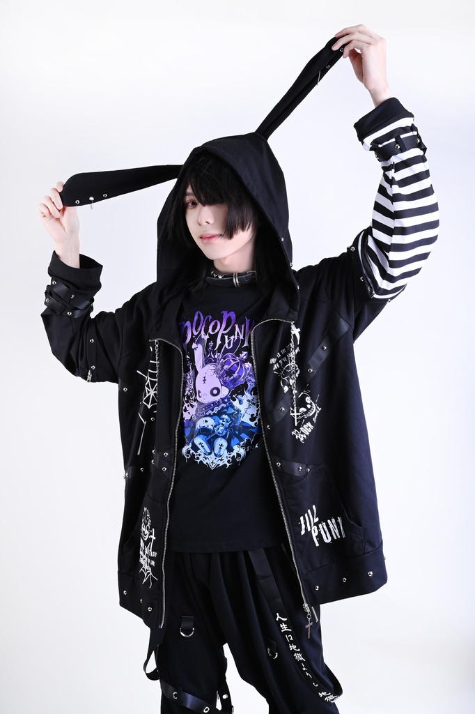 Jillpunkハロウィン 可愛いパンク 禁断の果実 パンク ヴィジュアル系 クロスチャーム 鎖チェーン付き 蜘蛛の巣柄 ゆったり 取り外し可能な袖 兎耳 長袖パーカー フード付きジャケット オリジナル メンズ レディー V系 おしゃれ 男女兼用ファッション