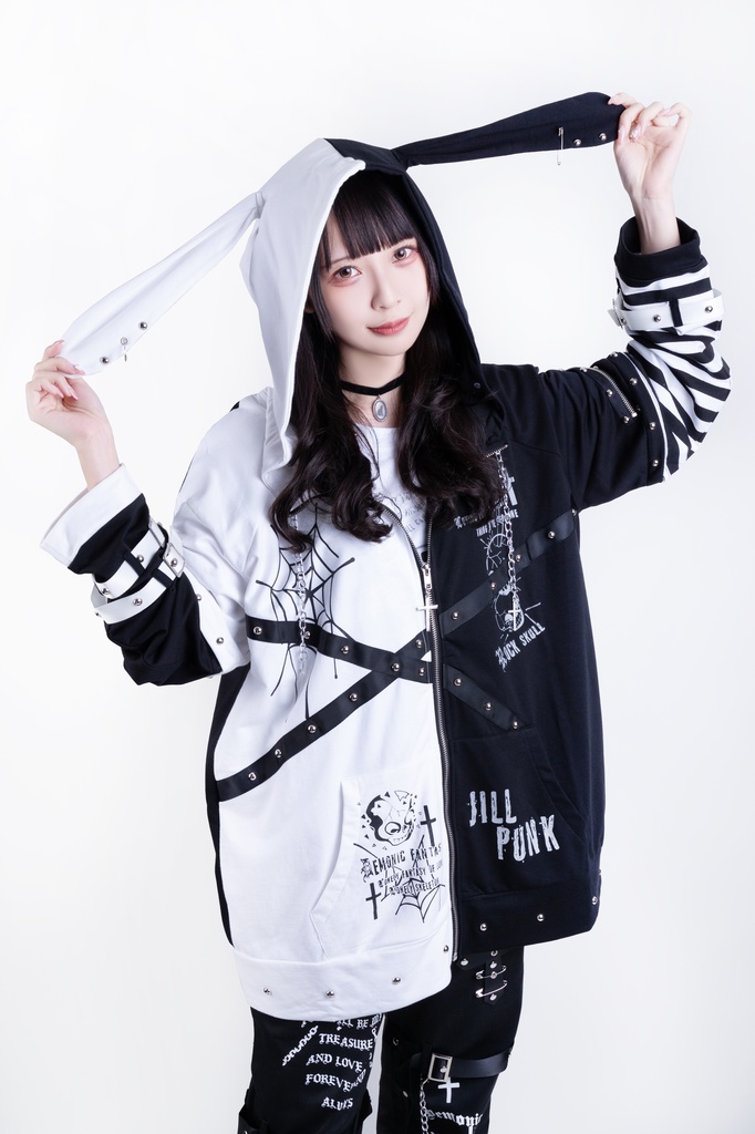 Jillpunkハロウィン 可愛いパンク 禁断の果実 パンク ヴィジュアル系 クロスチャーム 鎖チェーン付き 蜘蛛の巣柄 ゆったり 取り外し可能な袖 兎耳 長袖パーカー フード付きジャケット オリジナル メンズ レディー V系 おしゃれ 男女兼用ファッション