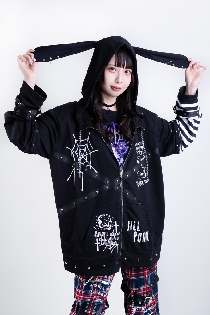 Jillpunkハロウィン 可愛いパンク 禁断の果実 パンク ヴィジュアル系 クロスチャーム 鎖チェーン付き 蜘蛛の巣柄 ゆったり 取り外し可能な袖 兎耳 長袖パーカー フード付きジャケット オリジナル メンズ レディー V系 おしゃれ 男女兼用ファッション