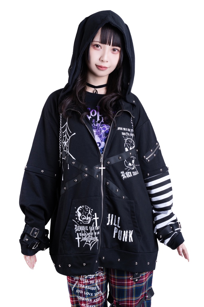 Jillpunkハロウィン 可愛いパンク 禁断の果実 パンク ヴィジュアル系 クロスチャーム 鎖チェーン付き 蜘蛛の巣柄 ゆったり 取り外し可能な袖 兎耳 長袖パーカー フード付きジャケット オリジナル メンズ レディー V系 おしゃれ 男女兼用ファッション