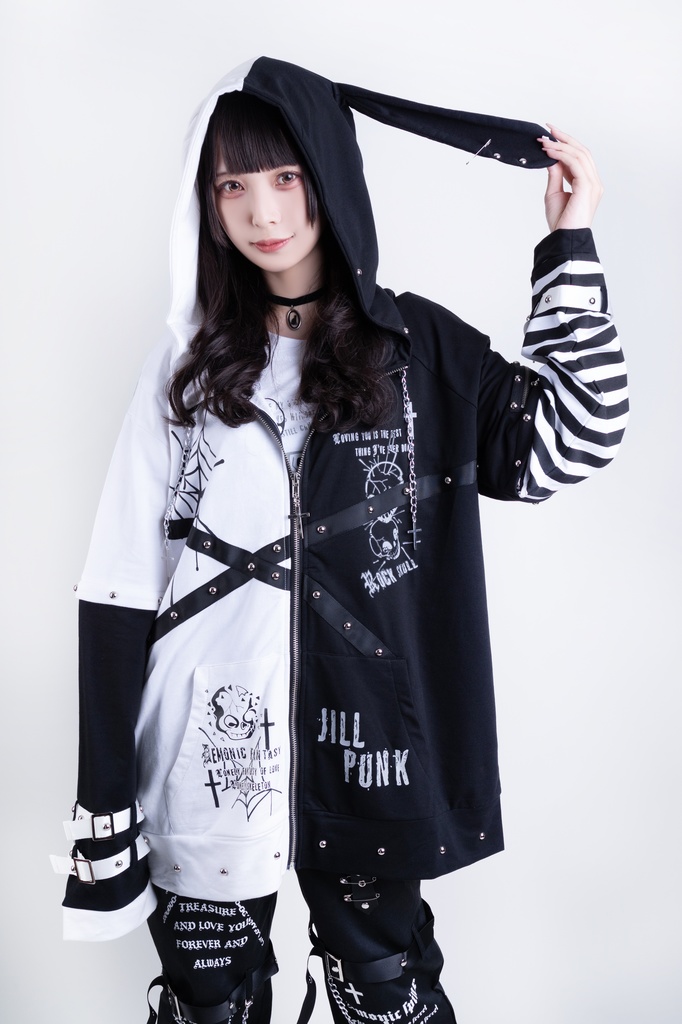 Jillpunkハロウィン 可愛いパンク 禁断の果実 パンク ヴィジュアル系 クロスチャーム 鎖チェーン付き 蜘蛛の巣柄 ゆったり 取り外し可能な袖 兎耳 長袖パーカー フード付きジャケット オリジナル メンズ レディー V系 おしゃれ 男女兼用ファッション