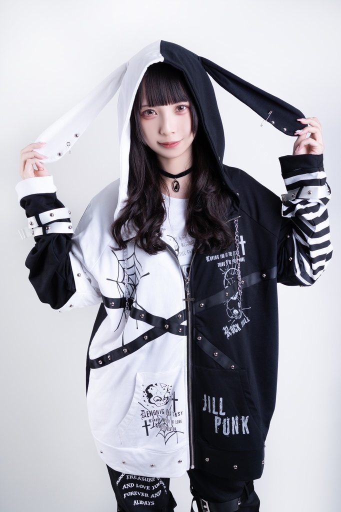 Jillpunkハロウィン 可愛いパンク 禁断の果実 パンク ヴィジュアル系 クロスチャーム 鎖チェーン付き 蜘蛛の巣柄 ゆったり 取り外し可能な袖 兎耳 長袖パーカー フード付きジャケット オリジナル メンズ レディー V系 おしゃれ 男女兼用ファッション