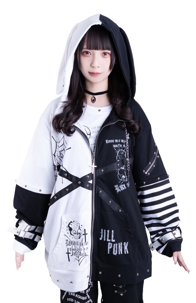 Jillpunkハロウィン 可愛いパンク 禁断の果実 パンク ヴィジュアル系 クロスチャーム 鎖チェーン付き 蜘蛛の巣柄 ゆったり 取り外し可能な袖 兎耳 長袖パーカー フード付きジャケット オリジナル メンズ レディー V系 おしゃれ 男女兼用ファッション