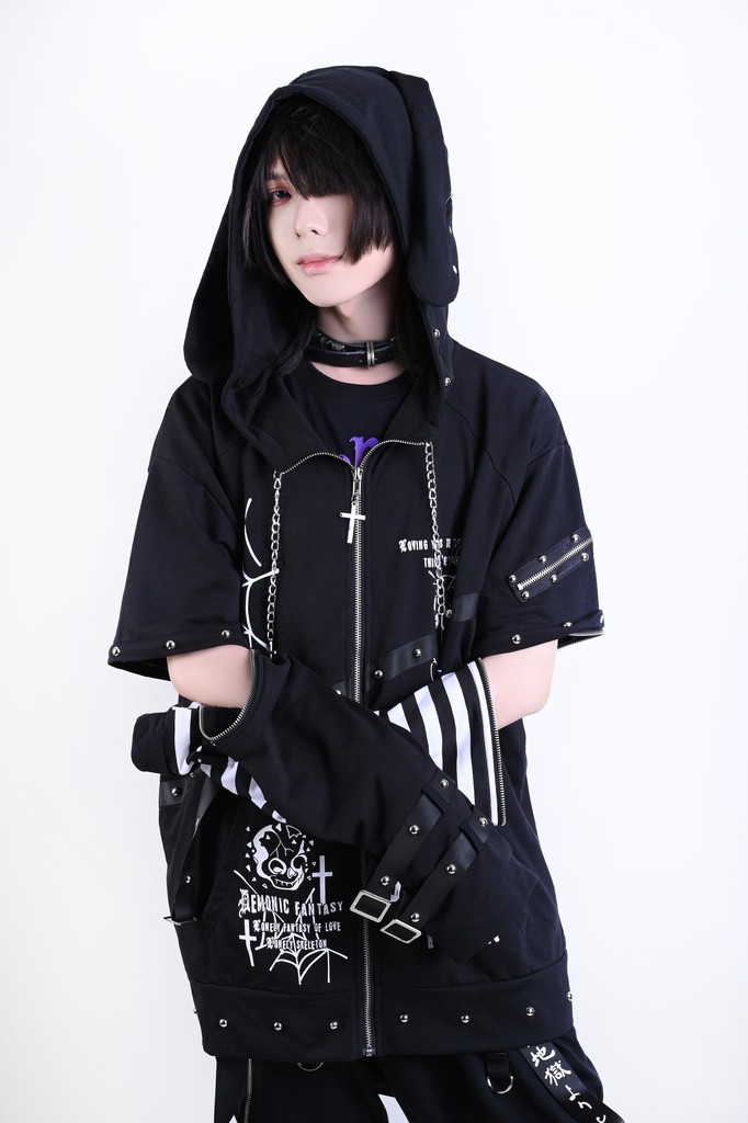 Jillpunkハロウィン 可愛いパンク 禁断の果実 パンク ヴィジュアル系 クロスチャーム 鎖チェーン付き 蜘蛛の巣柄 ゆったり 取り外し可能な袖 兎耳 長袖パーカー フード付きジャケット オリジナル メンズ レディー V系 おしゃれ 男女兼用ファッション