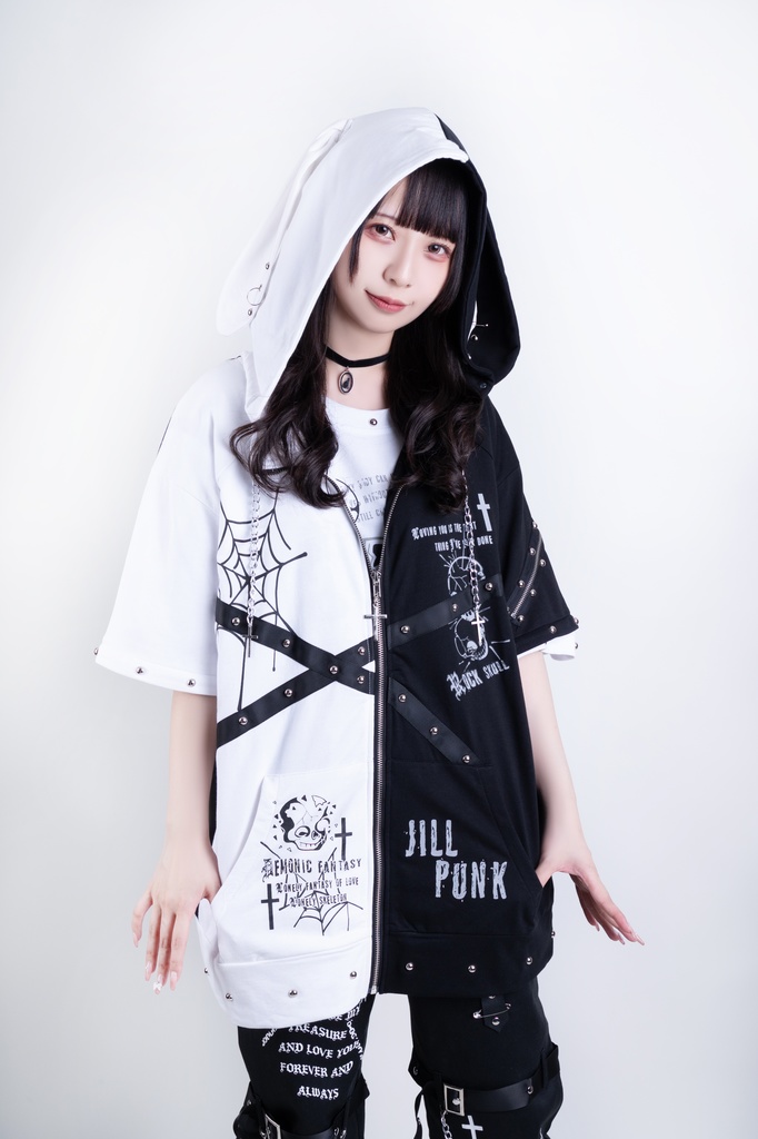 Jillpunkハロウィン 可愛いパンク 禁断の果実 パンク ヴィジュアル系 クロスチャーム 鎖チェーン付き 蜘蛛の巣柄 ゆったり 取り外し可能な袖 兎耳 長袖パーカー フード付きジャケット オリジナル メンズ レディー V系 おしゃれ 男女兼用ファッション