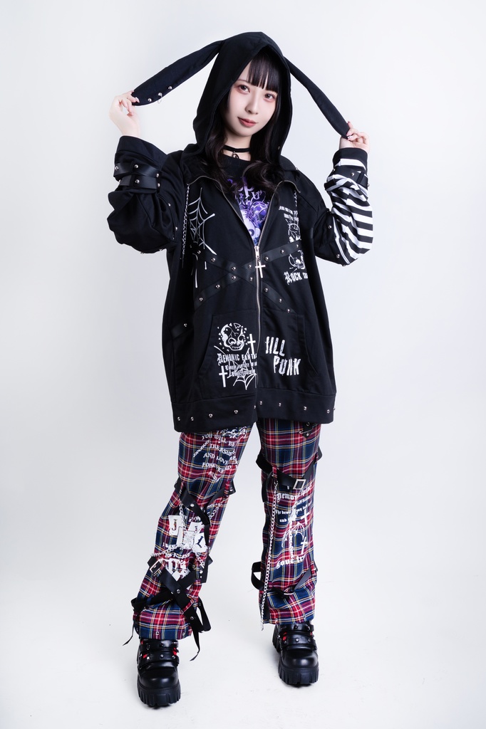 Jillpunkハロウィン 可愛いパンク 禁断の果実 パンク ヴィジュアル系 クロスチャーム 鎖チェーン付き 蜘蛛の巣柄 ゆったり 取り外し可能な袖 兎耳 長袖パーカー フード付きジャケット オリジナル メンズ レディー V系 おしゃれ 男女兼用ファッション