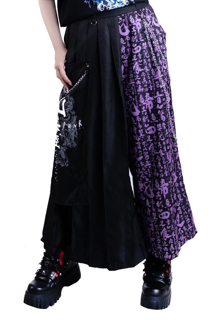 Jillpunk中華モード チャイナ風 山海経奇談 浪人侍 ドレープ袴 ゆるい 漢字書道柄 鎖チェーン付き 取り外し可能なパッチ ワイドバギー剣道パンツ プリーツロング丈ズボン オリジナルパンク メンズ レディース V系 秋葉系 おしゃれ ヴィジュアル系 このページを検索