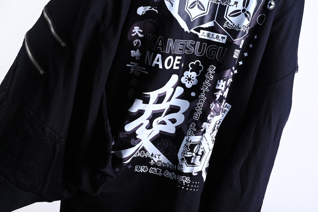 Jillpunk 和風モード 和パンク 和洋折衷 戦国武将物語 直江兼續 愛染明王 武将譚 家紋刺繡 重ね着 レース ネクタイ付き 振袖現代羽織 和装ジャケット オリジナル メンズ レディー V系 カッコいい おしゃれ 男女兼用ファッション