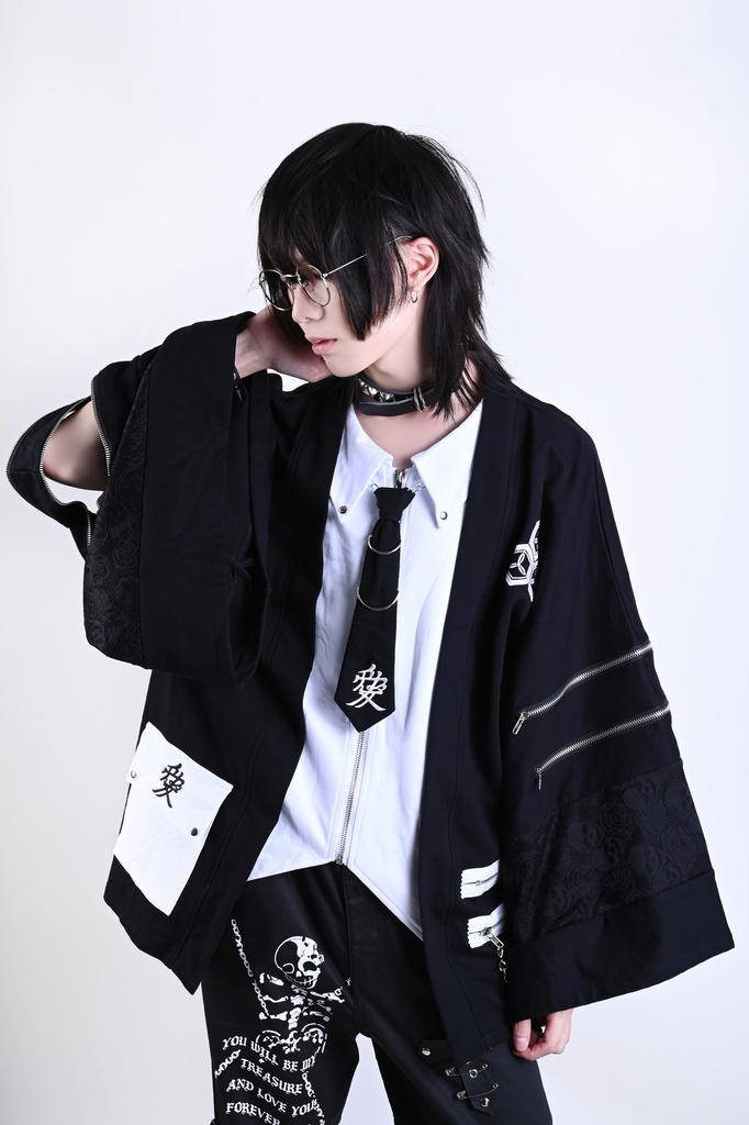 Jillpunk 和風モード 和パンク 和洋折衷 戦国武将物語 直江兼續 愛染明王 武将譚 家紋刺繡 重ね着 レース ネクタイ付き 振袖現代羽織 和装ジャケット オリジナル メンズ レディー V系 カッコいい おしゃれ 男女兼用ファッション