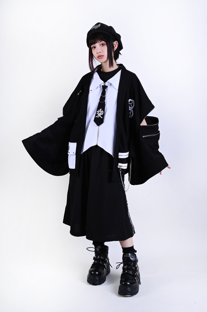 Jillpunk 和風モード 和パンク 和洋折衷 戦国武将物語 直江兼續 愛染明王 武将譚 家紋刺繡 重ね着 レース ネクタイ付き 振袖現代羽織 和装ジャケット オリジナル メンズ レディー V系 カッコいい おしゃれ 男女兼用ファッション