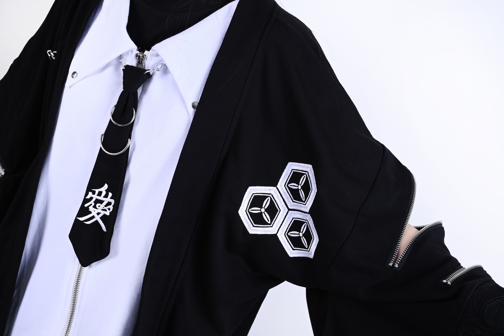 Jillpunk 和風モード 和パンク 和洋折衷 戦国武将物語 直江兼續 愛染明王 武将譚 家紋刺繡 重ね着 レース ネクタイ付き 振袖現代羽織 和装ジャケット オリジナル メンズ レディー V系 カッコいい おしゃれ 男女兼用ファッション