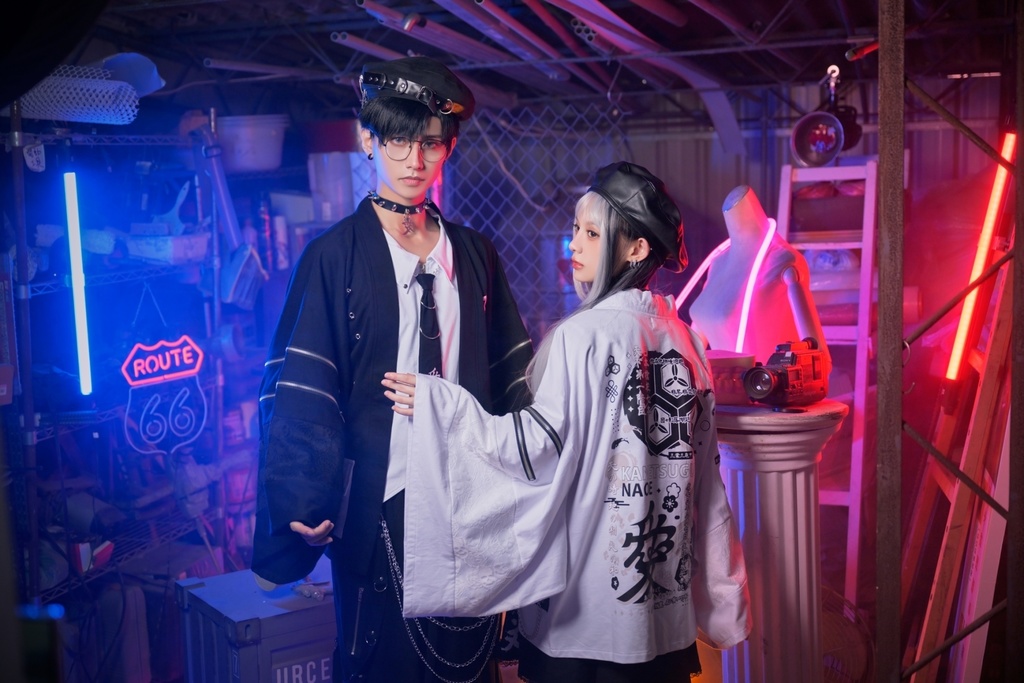 Jillpunk 和風モード 和パンク 和洋折衷 戦国武将物語 直江兼續 愛染明王 武将譚 家紋刺繡 重ね着 レース ネクタイ付き 振袖現代羽織 和装ジャケット オリジナル メンズ レディー V系 カッコいい おしゃれ 男女兼用ファッション