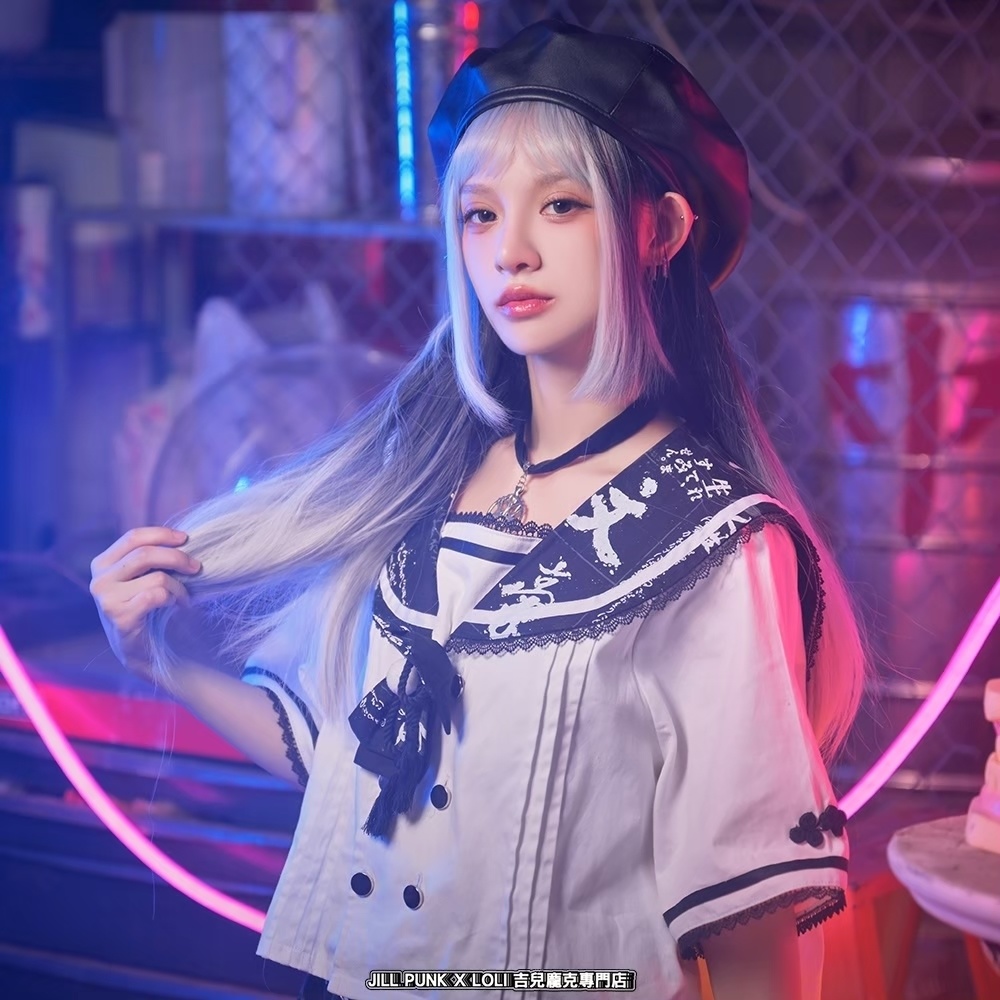 Jillpunk芥川龍之介 二次コン 文豪羅生門 人間不信 漢字柄 ダブルブレスト JKセーラー服 蝶ネクタイ付き チャイナボタン半袖 水兵制服ドレス タッセル鎖チェーン付き ワンピース レディーズ おしゃれ 原宿 秋葉原 不良JK
