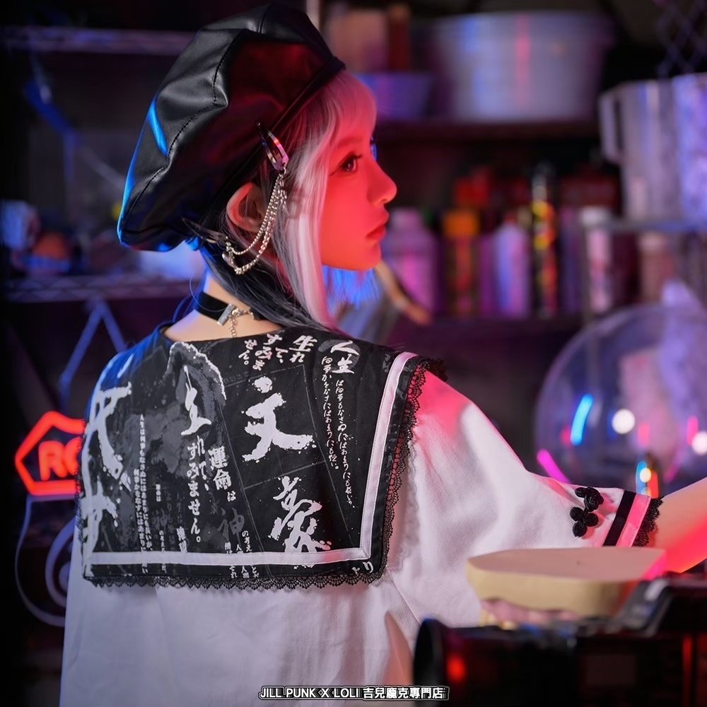 Jillpunk芥川龍之介 二次コン 文豪羅生門 人間不信 漢字柄 ダブルブレスト JKセーラー服 蝶ネクタイ付き チャイナボタン半袖 水兵制服ドレス タッセル鎖チェーン付き ワンピース レディーズ おしゃれ 原宿 秋葉原 不良JK