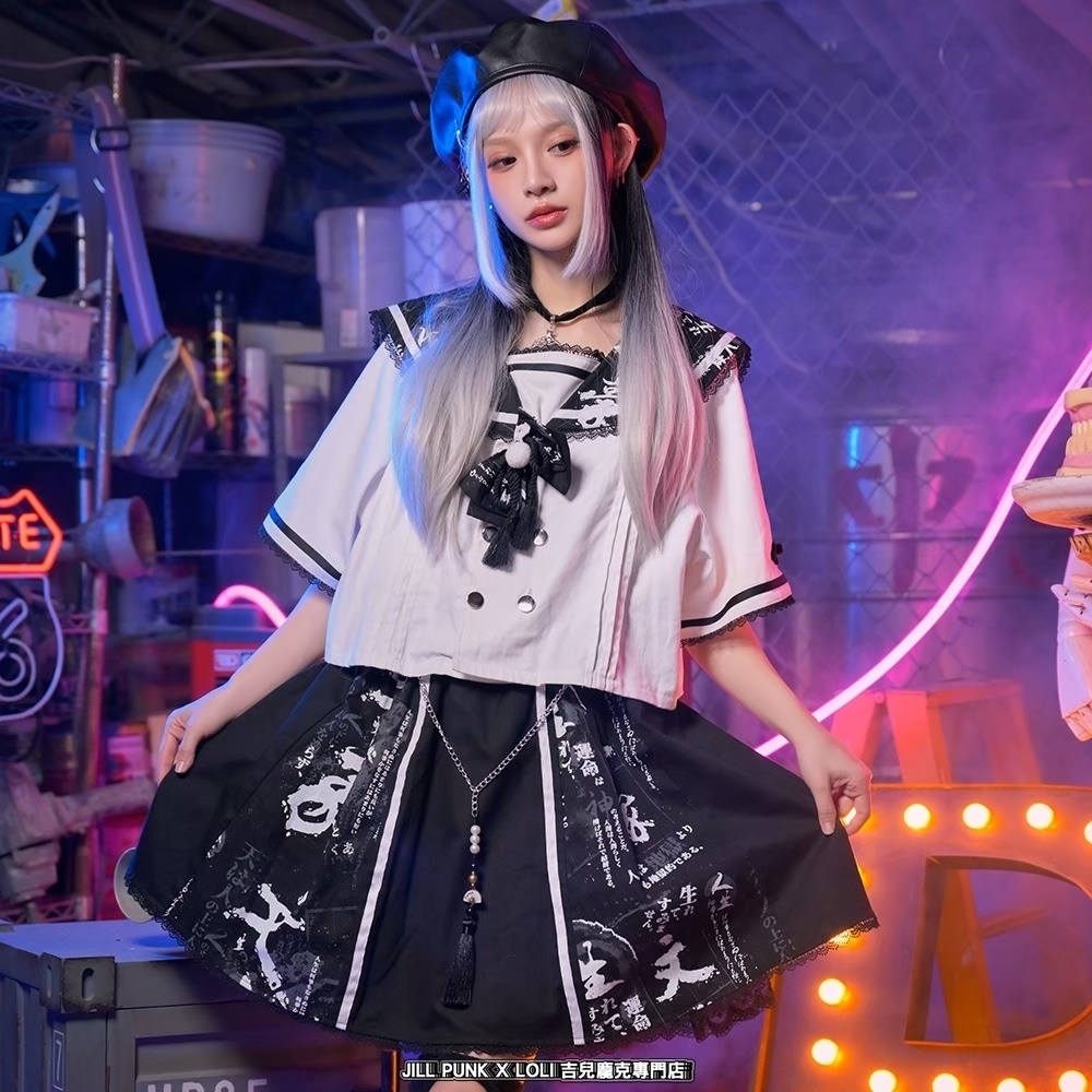 Jillpunk芥川龍之介 二次コン 文豪羅生門 人間不信 漢字柄 ダブルブレスト JKセーラー服 蝶ネクタイ付き チャイナボタン半袖 水兵制服ドレス タッセル鎖チェーン付き ワンピース レディーズ おしゃれ 原宿 秋葉原 不良JK