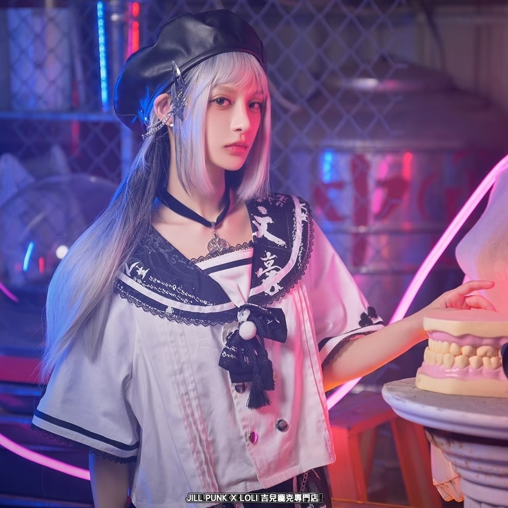 Jillpunk芥川龍之介 二次コン 文豪羅生門 人間不信 漢字柄 ダブルブレスト JKセーラー服 蝶ネクタイ付き チャイナボタン半袖 水兵制服ドレス タッセル鎖チェーン付き ワンピース レディーズ おしゃれ 原宿 秋葉原 不良JK