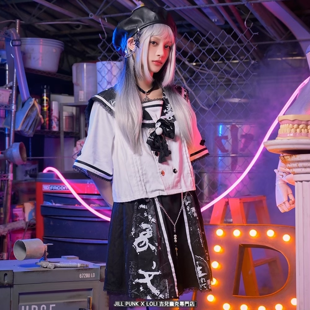 Jillpunk芥川龍之介 二次コン 文豪羅生門 人間不信 漢字柄 ダブルブレスト JKセーラー服 蝶ネクタイ付き チャイナボタン半袖 水兵制服ドレス タッセル鎖チェーン付き ワンピース レディーズ おしゃれ 原宿 秋葉原 不良JK