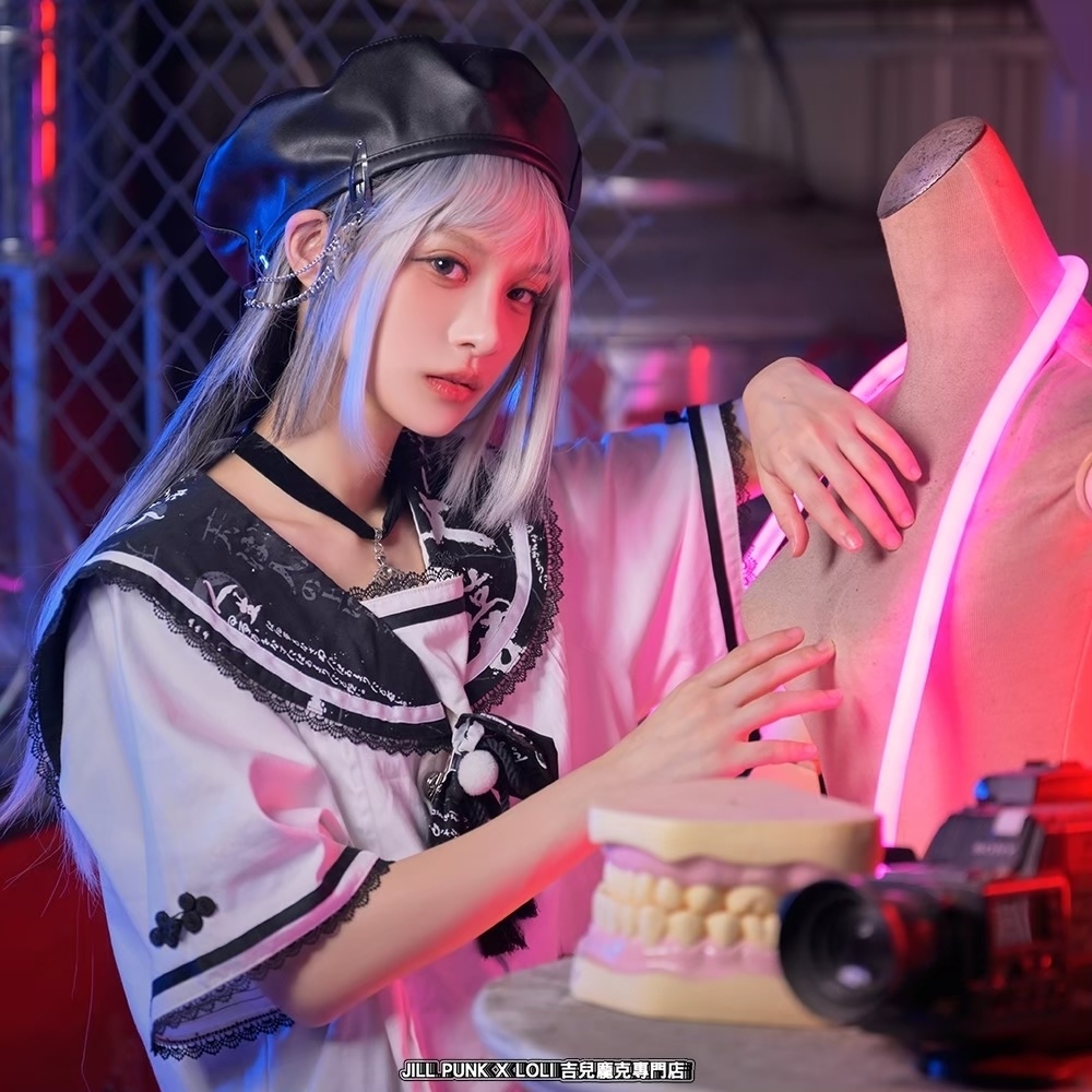 Jillpunk芥川龍之介 二次コン 文豪羅生門 人間不信 漢字柄 ダブルブレスト JKセーラー服 蝶ネクタイ付き チャイナボタン半袖 水兵制服ドレス タッセル鎖チェーン付き ワンピース レディーズ おしゃれ 原宿 秋葉原 不良JK