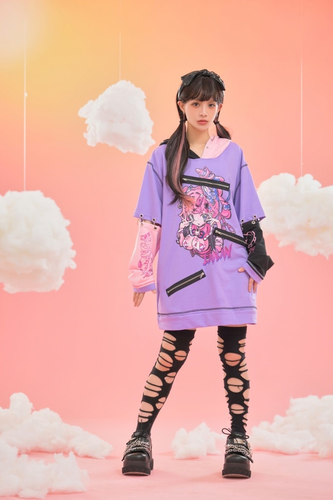 Jillpunk台湾刺青師𝐋𝐀𝐍 𝐋𝐀𝐍 小海綿綿コラボ シャンプー戦士 コントラスト色 個性的 イラスト メンヘラ 派手カワ チャックキーホール アームカバー付き ゆったり 半袖パーカー 美少女 オリジナル 可愛い おしゃれ ファッション 原宿系