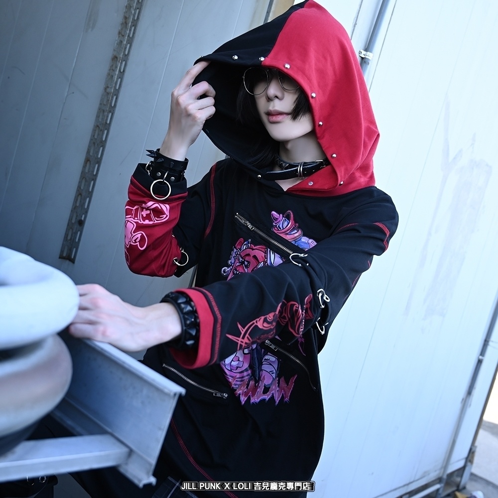 Jillpunk台湾刺青師𝐋𝐀𝐍 𝐋𝐀𝐍 小海綿綿コラボ シャンプー戦士 コントラスト色 個性的 イラスト メンヘラ 派手カワ チャックキーホール アームカバー付き ゆったり 半袖パーカー 美少女 オリジナル 可愛い おしゃれ ファッション 原宿系