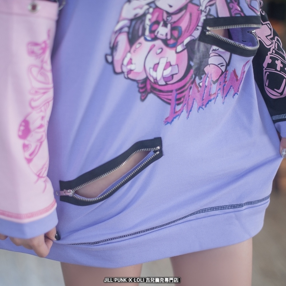 Jillpunk台湾刺青師𝐋𝐀𝐍 𝐋𝐀𝐍 小海綿綿コラボ シャンプー戦士 コントラスト色 個性的 イラスト メンヘラ 派手カワ チャックキーホール アームカバー付き ゆったり 半袖パーカー 美少女 オリジナル 可愛い おしゃれ ファッション 原宿系