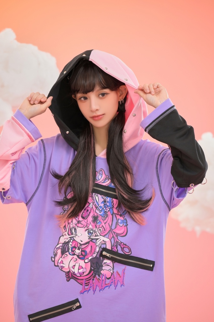 Jillpunk台湾刺青師𝐋𝐀𝐍 𝐋𝐀𝐍 小海綿綿コラボ シャンプー戦士 コントラスト色 個性的 イラスト メンヘラ 派手カワ チャックキーホール アームカバー付き ゆったり 半袖パーカー 美少女 オリジナル 可愛い おしゃれ ファッション 原宿系