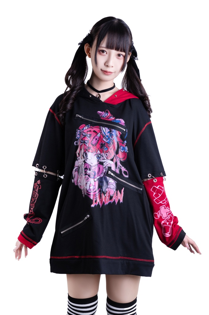 Jillpunk台湾刺青師𝐋𝐀𝐍 𝐋𝐀𝐍 小海綿綿コラボ シャンプー戦士 コントラスト色 個性的 イラスト メンヘラ 派手カワ チャックキーホール アームカバー付き ゆったり 半袖パーカー 美少女 オリジナル 可愛い おしゃれ ファッション 原宿系