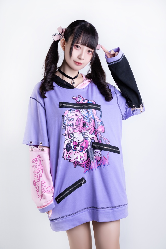 Jillpunk台湾刺青師𝐋𝐀𝐍 𝐋𝐀𝐍 小海綿綿コラボ シャンプー戦士 コントラスト色 個性的 イラスト メンヘラ 派手カワ チャックキーホール アームカバー付き ゆったり 半袖パーカー 美少女 オリジナル 可愛い おしゃれ ファッション 原宿系