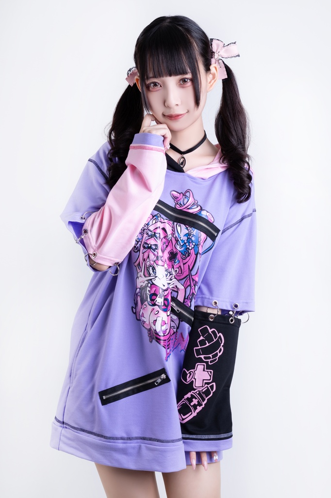 Jillpunk台湾刺青師𝐋𝐀𝐍 𝐋𝐀𝐍 小海綿綿コラボ シャンプー戦士 コントラスト色 個性的 イラスト メンヘラ 派手カワ チャックキーホール アームカバー付き ゆったり 半袖パーカー 美少女 オリジナル 可愛い おしゃれ ファッション 原宿系