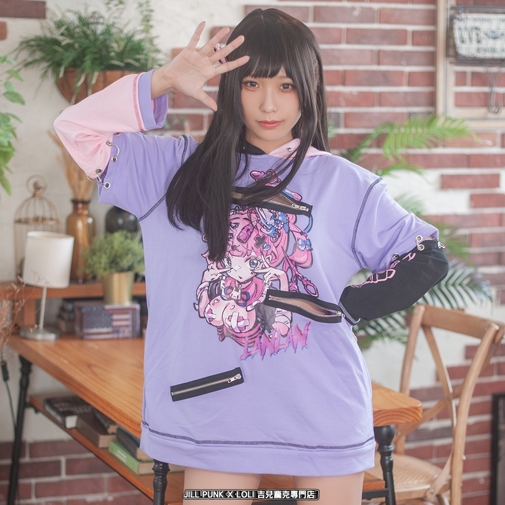 Jillpunk台湾刺青師𝐋𝐀𝐍 𝐋𝐀𝐍 小海綿綿コラボ シャンプー戦士 コントラスト色 個性的 イラスト メンヘラ 派手カワ チャックキーホール アームカバー付き ゆったり 半袖パーカー 美少女 オリジナル 可愛い おしゃれ ファッション 原宿系