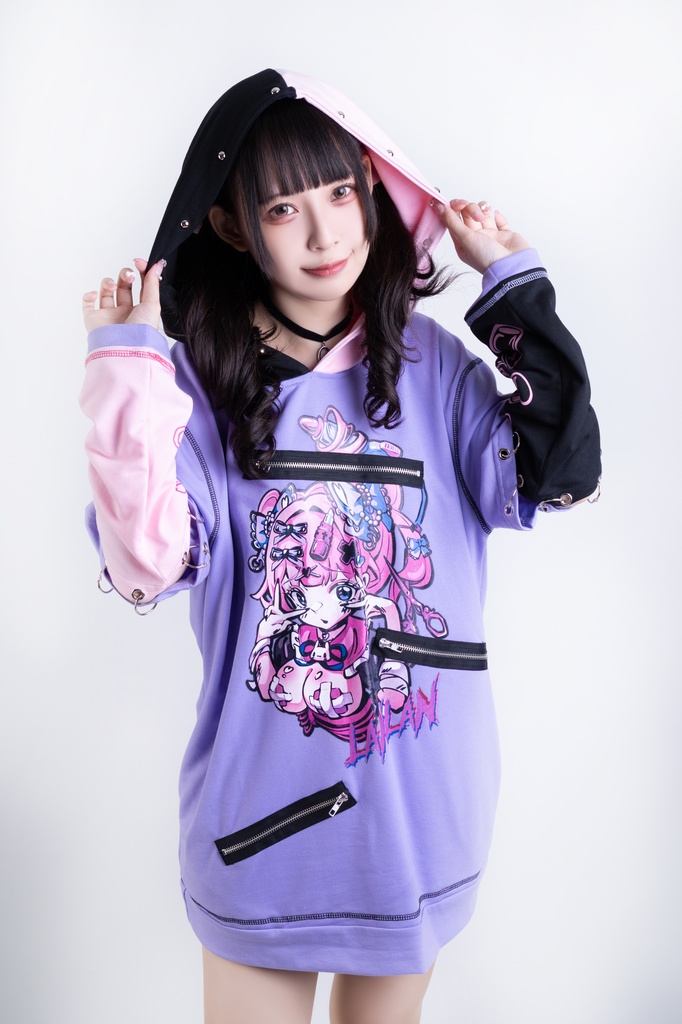 Jillpunk台湾刺青師𝐋𝐀𝐍 𝐋𝐀𝐍 小海綿綿コラボ シャンプー戦士 コントラスト色 個性的 イラスト メンヘラ 派手カワ チャックキーホール アームカバー付き ゆったり 半袖パーカー 美少女 オリジナル 可愛い おしゃれ ファッション 原宿系