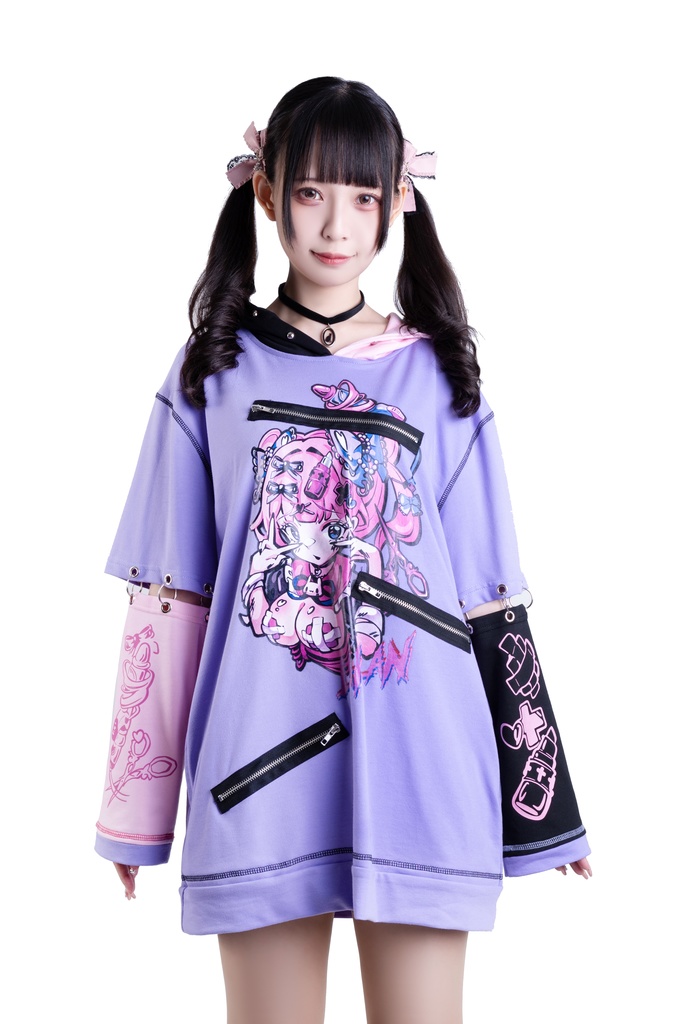 Jillpunk台湾刺青師𝐋𝐀𝐍 𝐋𝐀𝐍 小海綿綿コラボ シャンプー戦士 コントラスト色 個性的 イラスト メンヘラ 派手カワ チャックキーホール アームカバー付き ゆったり 半袖パーカー 美少女 オリジナル 可愛い おしゃれ ファッション 原宿系